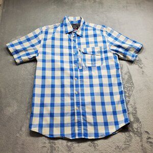 Wrangler ATG Outdoorsman Button Up Short Sleeve Plaid Shirt White Blue Men Sz M